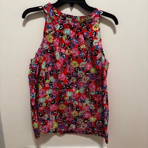 Sara Campbell Red Floral Print Gold Button Back Halter Sleeveless Top medium